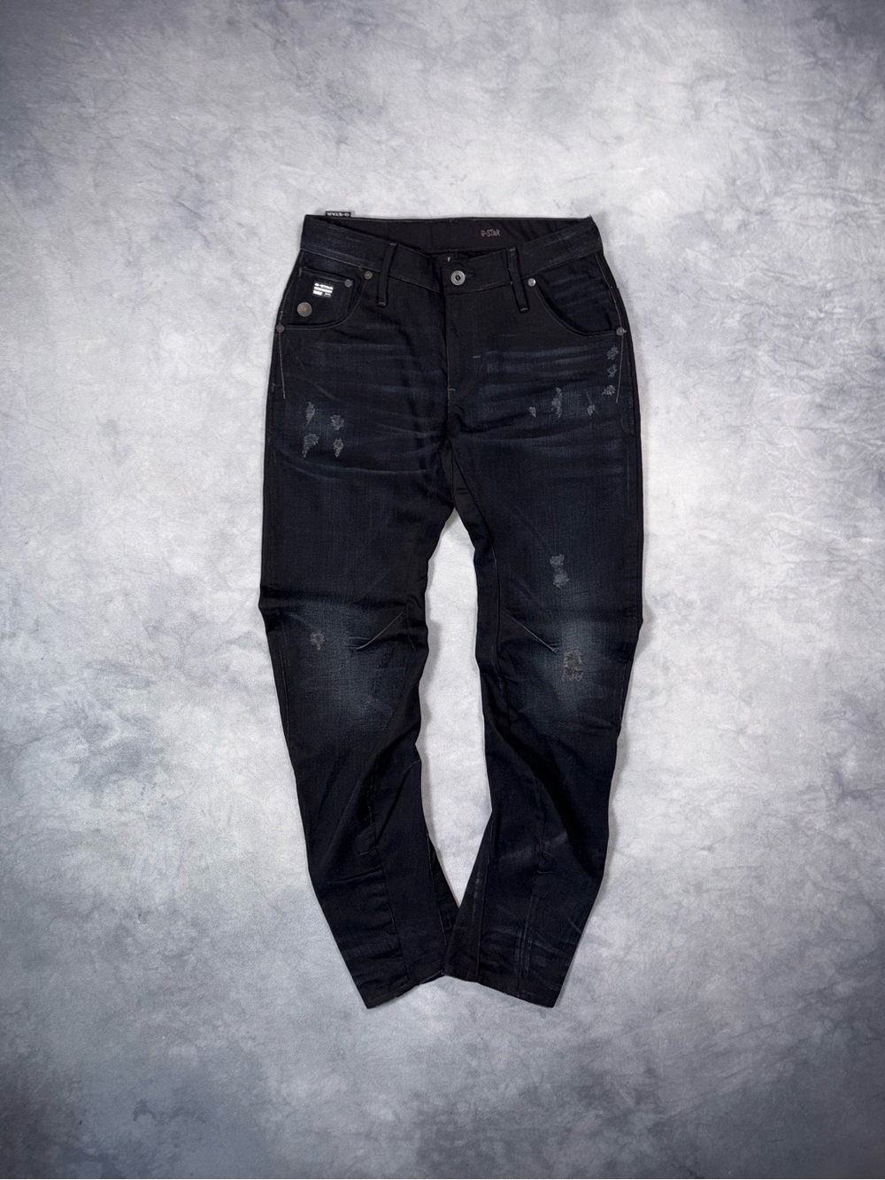 G-Star RAW J Cut Distressed Navy Blue / Black Coated Vintage Tapered Denim Jeans